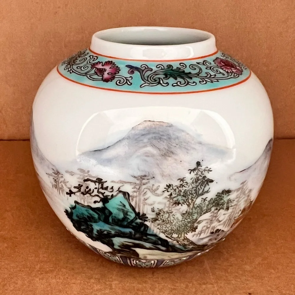 Vintage 70s-80s Chinese Painting Porcelain Pot Vase Hand Painted Mountain